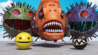 Robot Pacman VS Spiky Monsters & Piranha in Maze with Cartoon Cat & Chain Chomp