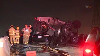 Both sides of 110 Freeway in South L.A. closed after deadly tanker truck crash