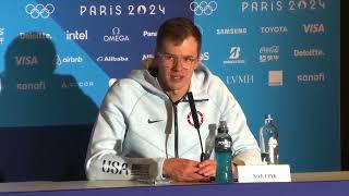 Silver medalist Nic Fink of USA reaction following men's 100m breaststroke at Paris 2024 Olympics