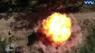 Explosion resistance test of 20 kg TNT from 5 m, drone shot.