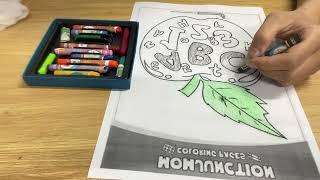 Practice coloring a picture of an apple with many words inside