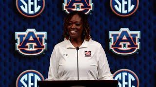 Auburn women's Head Basketball Coach Johnnie Harris speaks at 2025 SEC Basketball Tipoff