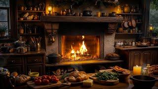  Cozy Medieval Kitchen Ambience | Fireplace Crackle & Rain for Restful Calm