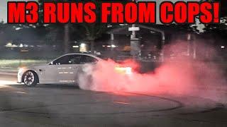 BMW M3 DOES DONUTS LEAVING MEET AND RUNS FROM THE COPS! (+ Infiniti Hits Curb After Donuts!)