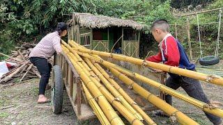 Short on materials, the young girl gathered more bamboo to complete the new house