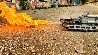 LEGO Technic RC flamethrower tank vs Playmobil minifigure