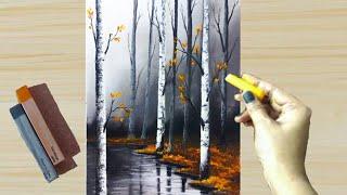 Soft Pastel Drawing - How to Draw (step by step) Misty Autumn Forest Landscape Painting/Drawing.