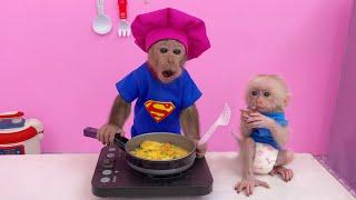 Bu Bu harvests duck eggs to make fried eggs for baby monkey Su