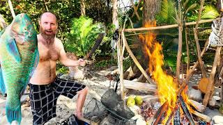 9-DAYS Surviving on a DESERT ISLAND - Ep.1 (Primitive Friction Fire, Camping Shelter, Foraging Food)