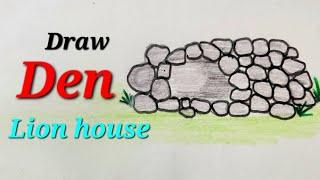 Lion house drawing easy for kids, Den drawing easy for kids, how to draw den, Lion den drawing easy