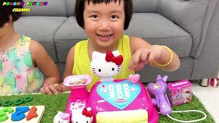 mở bộ đồ chơi máy tính tiền siêu thị hello kitty