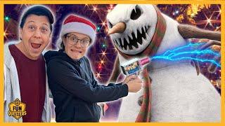 Giant Christmas Monster Snowman Battles Aaron & LB the FunQuesters with Surprise Plasma Blaster!