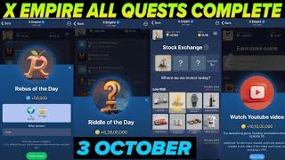 3 October All Quests Code X Empire | Youtube Video Code | Rebus Of The Day | Investment Fund Card