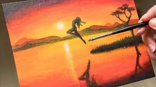 Jump into the Lake at Sunset - Acrylic painting / Homemade Illustration (4k)