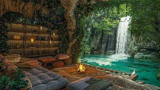 Cozy Cave Ambience with Waterfall View - Nature Sound for Sleeping, Relaxing