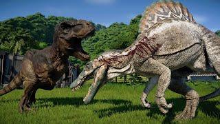 2x T Rex vs 2x Spinosaurus, 2x Giganotosaurus & 2x Carnotsaurus - Jurassic World Dinosaurs Fighting