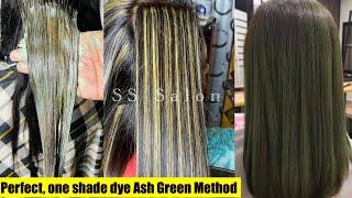 Ash Green base colour // one shade dye hair colour ash green highlights by SS Salon #haircolor