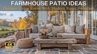 Modern Rustic Farmhouse Patio with Sleek Outdoor Living Room and Rustic Log Furniture