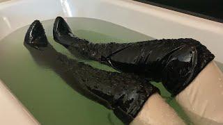 Slime bath in leather pants and suede overknee boots, super squelchy sounds, boot destroying, messy