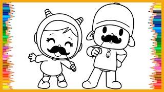 Coloring Pocoyo & Nina with Mustache Stick | How To Color, Easy Coloring, Drawing & Painting