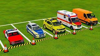 TRANSPORTING POLICE, AMBULANCE, TESLA, CHEVROLET CARS & VOLKSWAGEN POLICE ! Farming Simulator 22