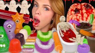 ASMR MUKBANG, Halloween Treats, Edible Blood, Worms N Dirt, Marzipan Monsters, Brain Jello, Food 먹방