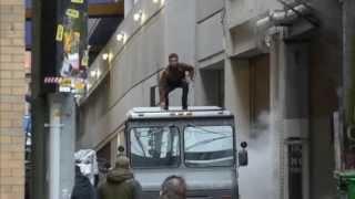 Stephen Amell filming a stunt scene