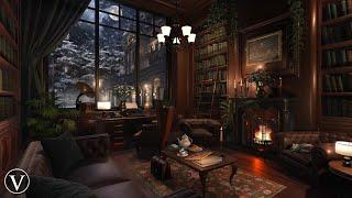 Winter Manor Library | Night Ambience | Fireplace, Wind, Snow & Blizzard Sounds