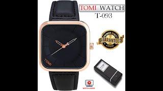 TOMI T-093 Best Quality Imported Leather Straps Waterproof Wrist Watch for Men Black+Golden