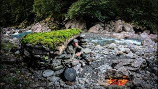 BUILDING a complete STONE survival SHELTER! | Bushcraft & Fishing