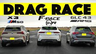 Size Matters! 2024 BMW X3 M50 vs 2024 MB GLC 43 AMG vs 2024 Jaguar F Pace SVR. Drag and Roll Race