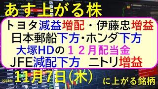 あす上がる株　2024年１１月７日（木）に上がる銘柄。トヨタは減益増配。ＪＦＥは減配と下方修正、日本郵船とホンダは下方修正。伊藤忠とニトリが増益。～最新の日本株情報。高配当株の株価やデイトレ情報～