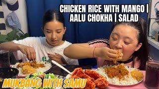 CHICKEN CURRY RICE WITH AALO CHOKHA , MANGO & SALAD ~ FIRST TIME MUKBANG ~ WITH SAMU ~ Xorem & Gracy