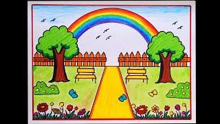 Easy Garden With Rainbow Scenery Drawing/How To Draw Flower Garden  Drawing/Rainbow Scenery Drawing