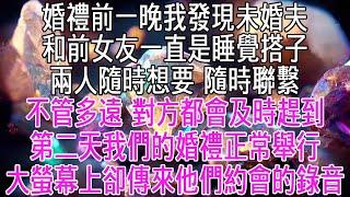 婚禮前一晚，我發現未婚夫和前女友一直是睡覺搭子。兩人隨時想要，隨時聯繫。不管離得多遠，對方都會及時趕到。第二天，我們的婚禮正常舉行，大螢幕上卻傳來了他們約會的錄音。【感悟人生】