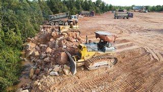 Best Result Collection Filling Up Much Stone Into Water Area By Bulldozers And Dump Trucks Team Work