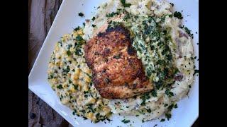 Stuffed Salmon w/ Garlic Mashed Potatoes & Cream Corn