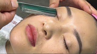 ASMR|shave the fuzz and dead skin off the beauty's face will help enhance her makeup.