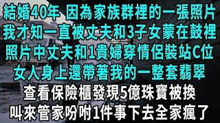 結婚40年 因為家族群裡的一張照片，我才知一直被丈夫和3個子女蒙在鼓裡，照片中丈夫和1貴婦穿情侶裝站C位，女人身上還帶著我的一整套翡翠，查看保險櫃發現5億珠寶被換，叫來管家吩咐1件事下去全家瘋了