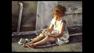 Painting Oil on Canvas Little Girl Playing with Rubber Ring and Stone