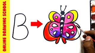 letters B into Butterfly drawing-How to Draw Anything from letters simple and easy