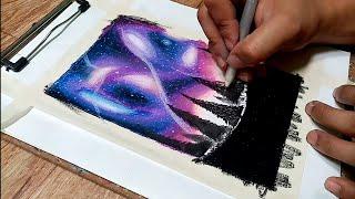 Easy Oil Pastel Drawing Idea for Beginners - Beautiful Galaxy Night Scenery Drawing - Step by step