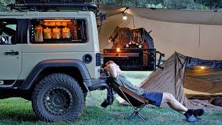 SOLO Car Camping in a GADGET Jeep [ Nearby Creek, Relaxing in the Rain Forest mountains, ASMR ]