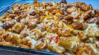 The Most Creamiest Baked Tuscan Chicken and Shrimp Pasta | Baked Tuscan Chicken & Shrimp Pasta