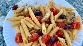 Desert Camp Cooking: Tomato, Mushroom & Kalamata Olive Penne with Parmesan