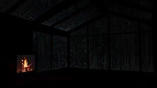 Dark Rainy Night in a Cozy Cabin | Rainfall on Windows & Fireplace Crackling | No More Insomnia