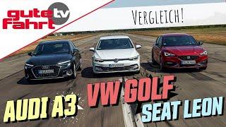 Vergleich: Audi A3 vs. VW Golf vs. Seat Leon mit 150 PS starkem Mild-Hybrid-Benziner! Test | Review