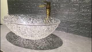 FANWIN STAR Edelweiss Series Crystal Glass Vessel Sink In ICE Oval Crystal Countertop  sink|FW-LA619