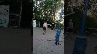 Beach volleyball, strong bounce of the ball after blocking.