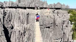 Crossing suspension bridge in Tsingy de Bemaraha